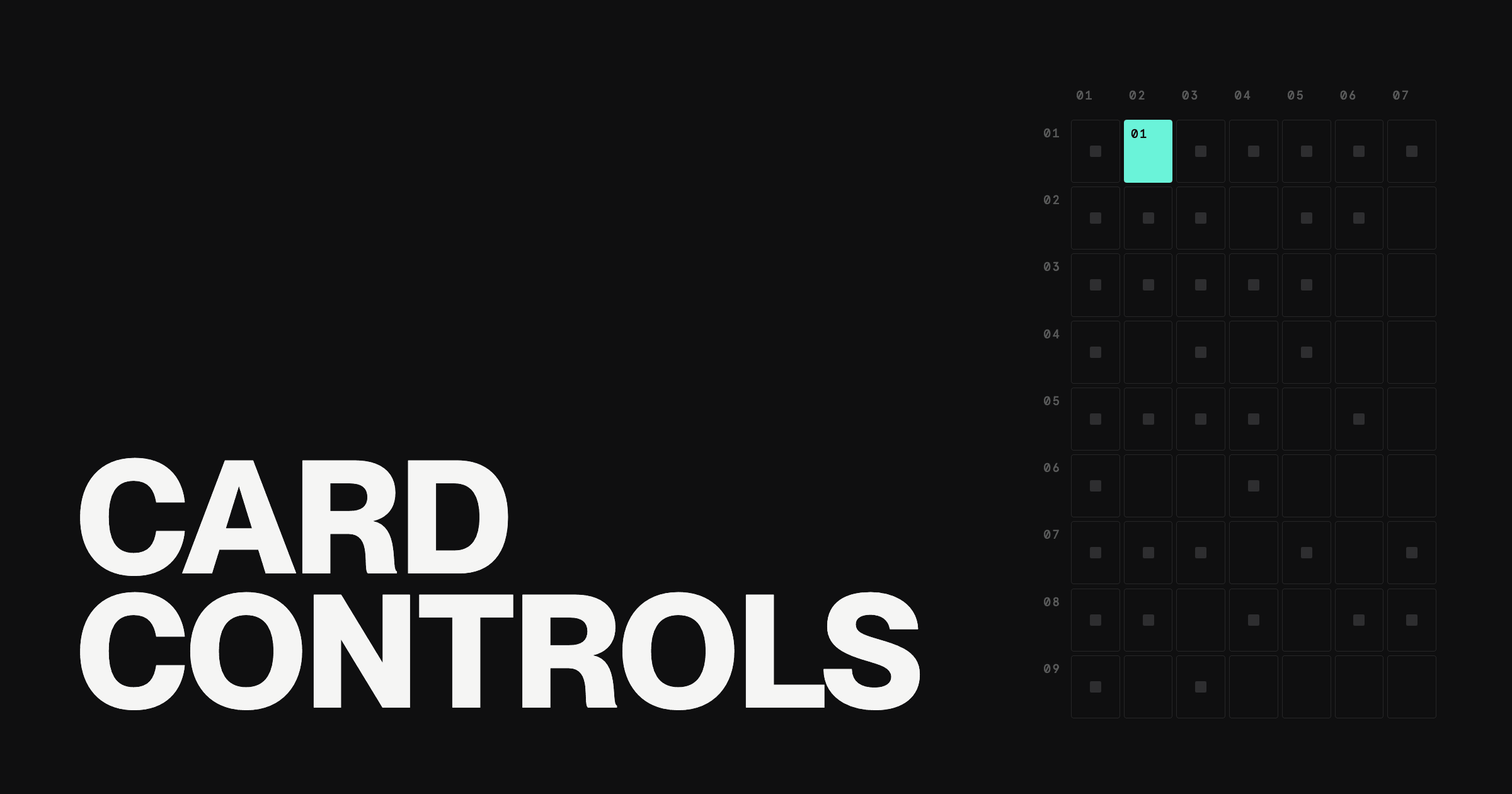 Seven-column grid of nine card providers with one highlighted cell, beside the words card controls