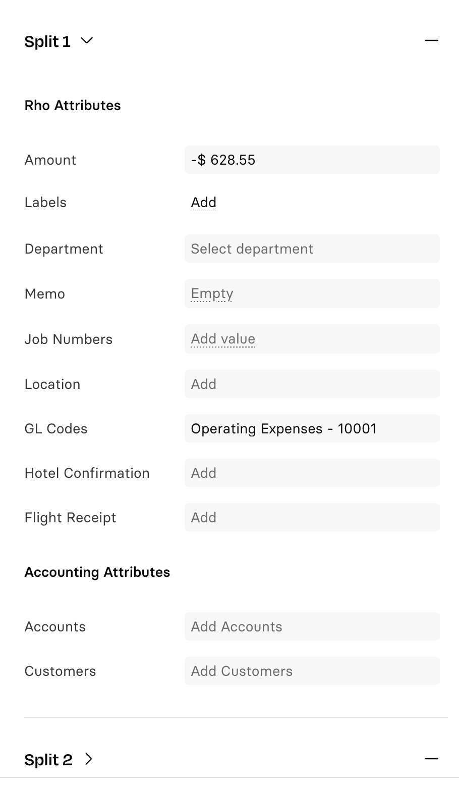 Entering split details on a bill in Rho Bill Pay