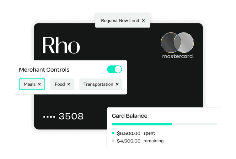 A digital interface showing a Rho Mastercard with options for merchant controls, card balance, and a button to request a new limit.